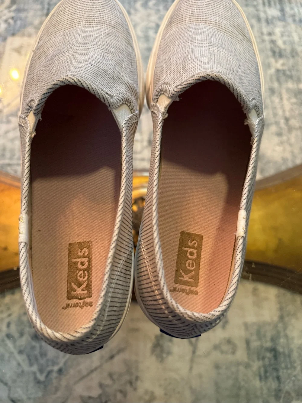 Keds Women's Double Decker Beige & White Striped Canvas Slip-On Sneakers 10